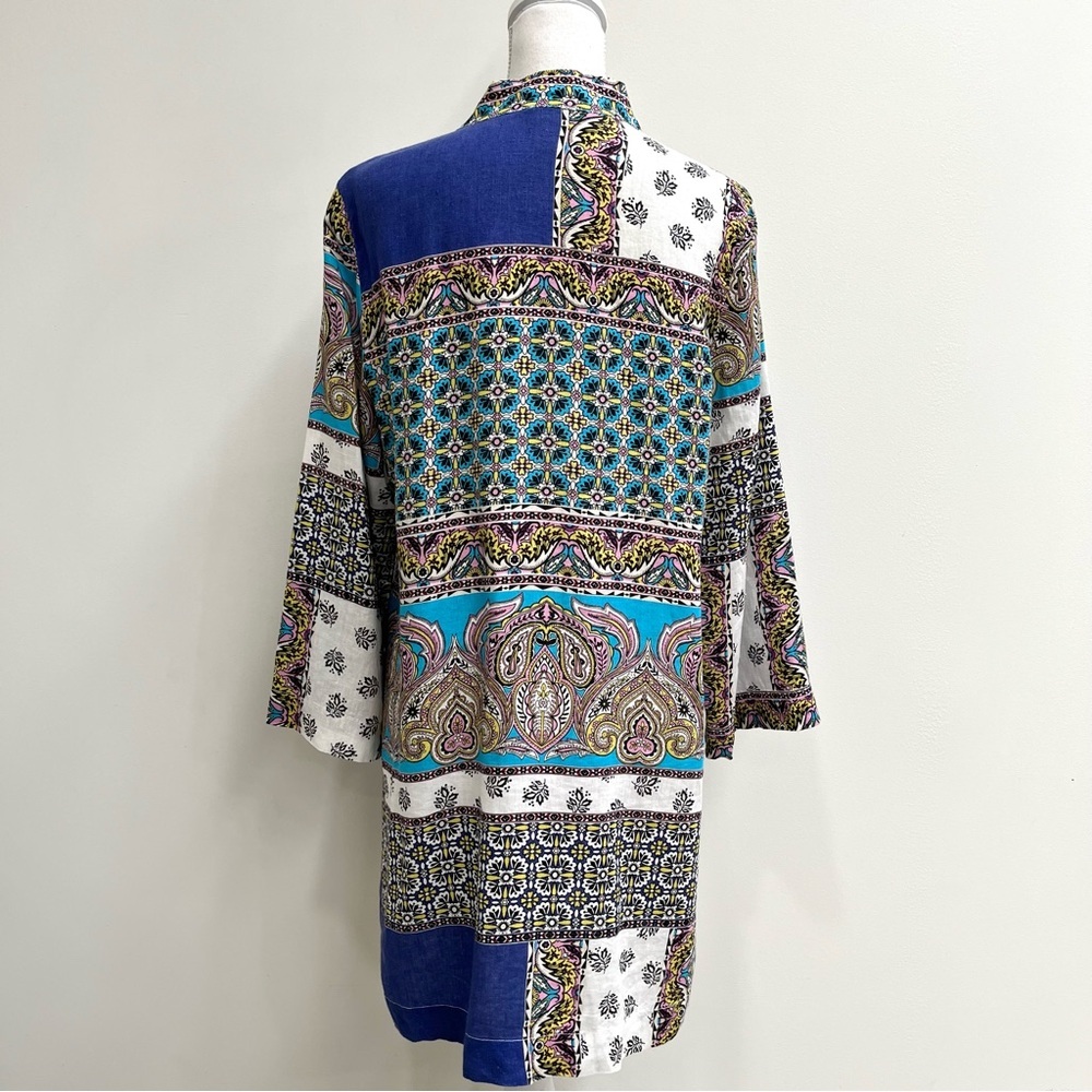 Chico's Patchwork Linen Long Kimono Duster Cardigan Topper Mixed Media Size 8/10 - Picture 3 of 13